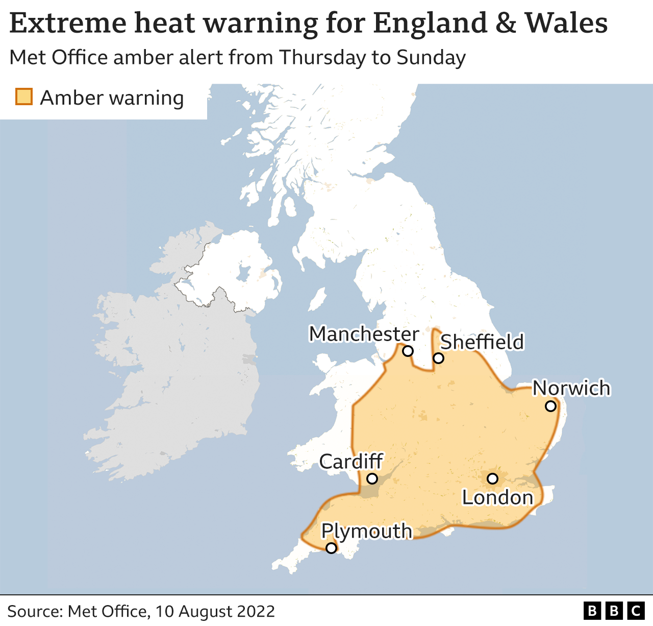 Map showing the areas of England and Wales covered by the amber warning of extreme heat from the Met Office.