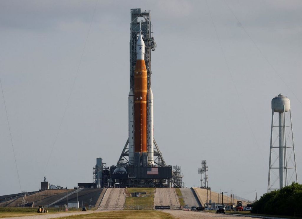 NASA's next-generation moon rocket, the Space Launch System (SLS) Artemis 1 rocket with its Orion crew capsule stands on launch pad 39B at the Kennedy Space Center in Cape Canaveral,