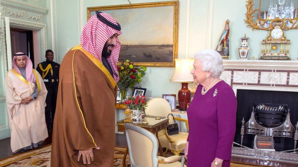 Saudi Arabia's Crown Prince Mohammed Bin Salman and Queen Elizabeth II at Buckingham Palace, London in March 2018