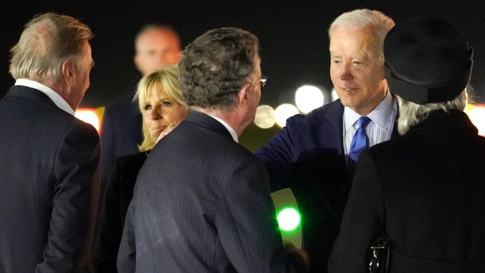 US President Joe Biden and First Lady Jill Biden arrive into Stansted airport to attend the Queen's funeral