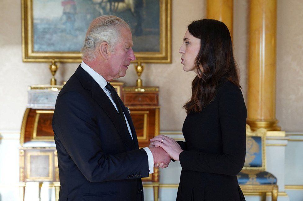 King Charles III speaks with Prime Minister of New Zealand, Jacinda Ardern, as he receives realm prime ministers in the 1844 Room at Buckingham Palace in London. Picture date: Saturday September 17, 2022.