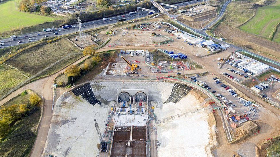 The construction site at the entrance to the HS2 Chiltern tunnel, beside the M25 in Denham, Buckinghamshire